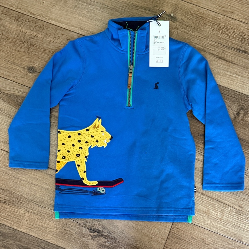 Joules Blue Long Sleeve Pullover with Skateboarding Leopard Design - size 6Y